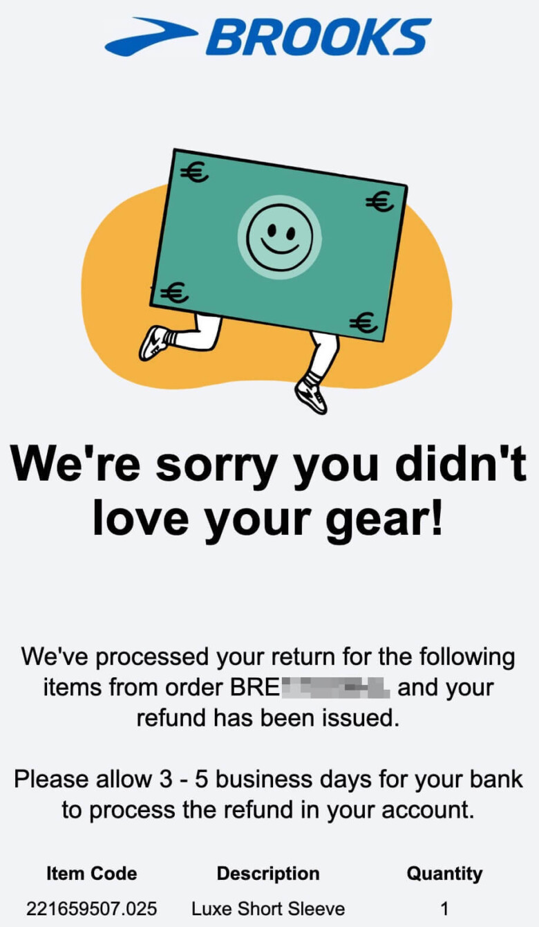 Screenshot of my refund email from Brooks, May 2024